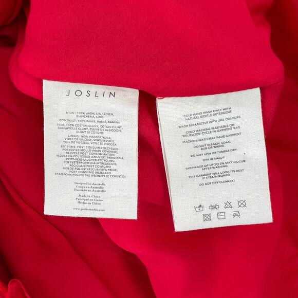 JOSLIN Amella Linen Mini Wrap Dress Womens 0 Red Sleeveless Collar V Neck Ruffle - Picture 13 of 16